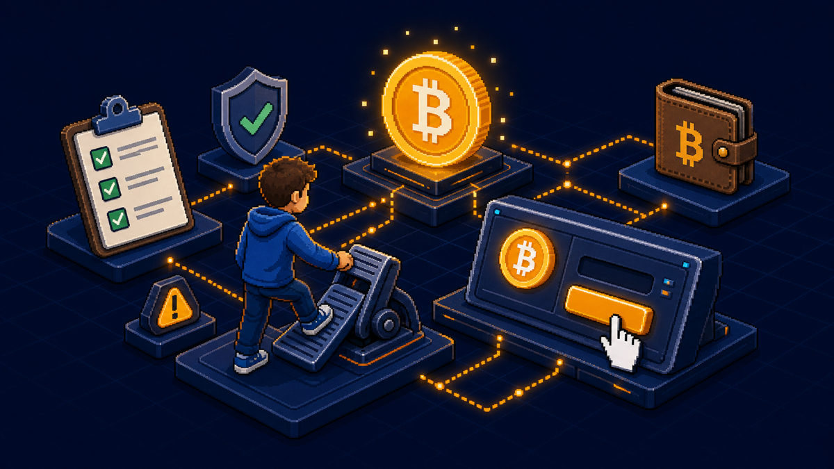 Pixel-style beginner pressing a brake pedal before clicking a Bitcoin buy button.