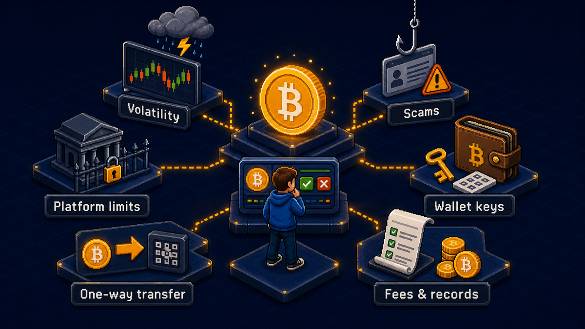 Pixel-style Bitcoin risk map showing volatility, scams, platform limits, wallet keys, one-way transfer, and fees and records.