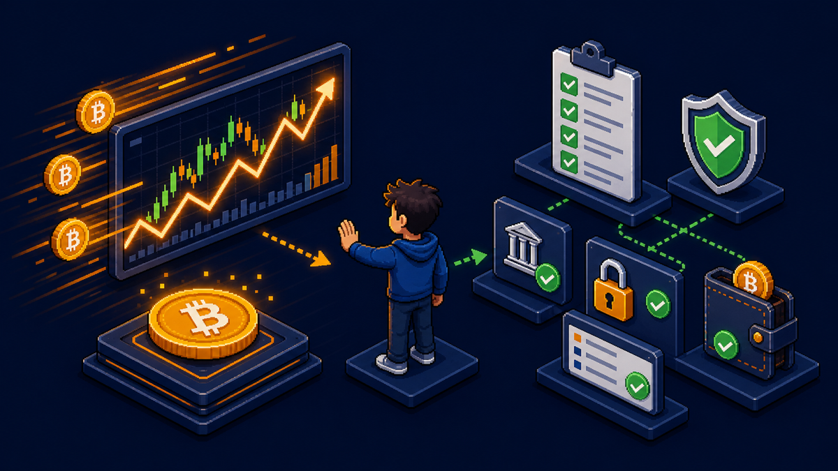 Pixel-style beginner pausing to check safety before buying Bitcoin during price movement.
