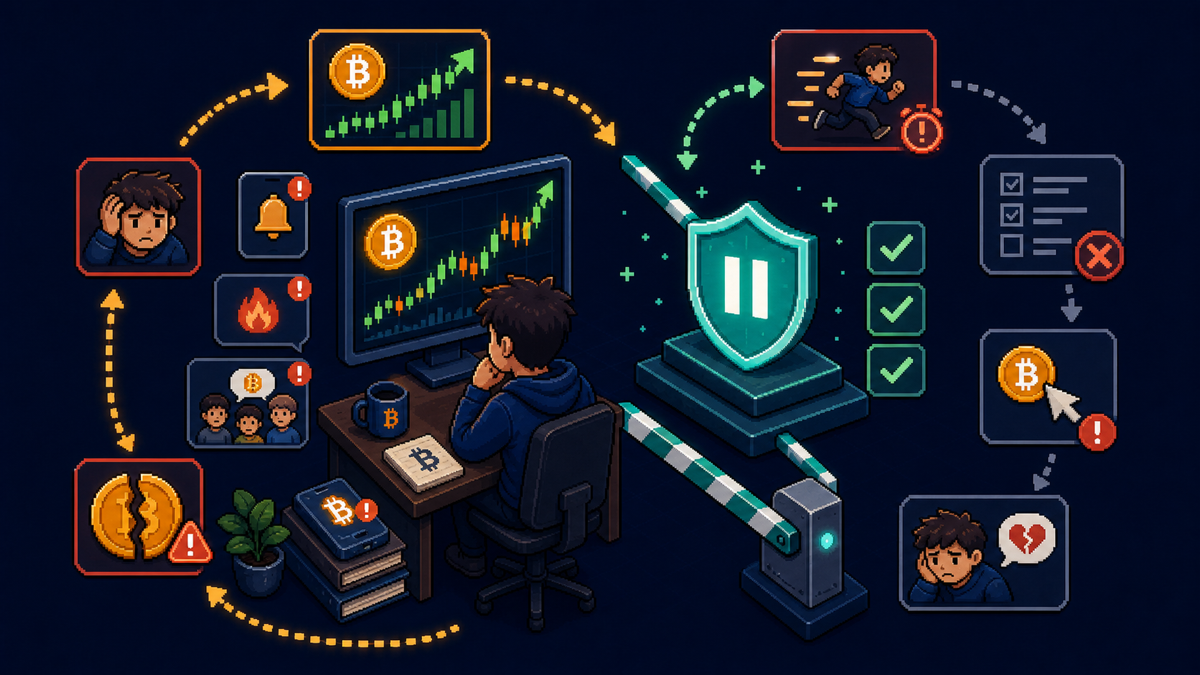 Pixel-style FOMO pressure loop showing price pressure, urgency, skipped checks, preventable mistakes, regret, and a pause brake.