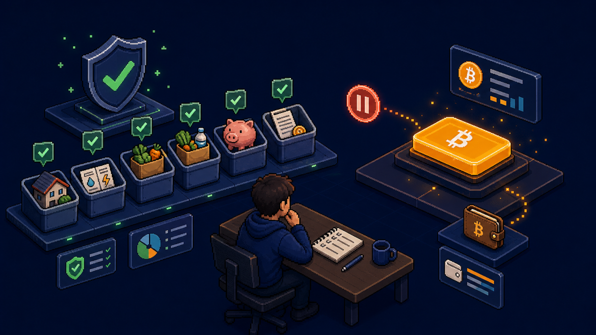 Pixel-style beginner sorting essential money before deciding whether to buy Bitcoin.