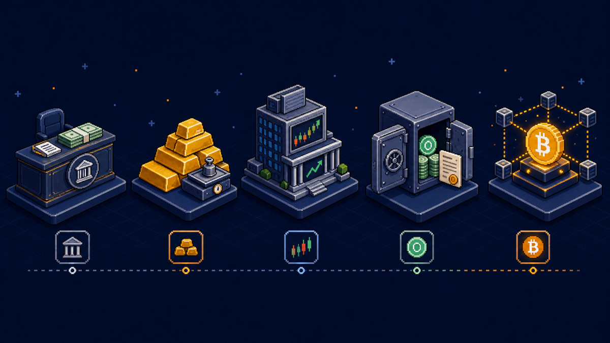 Pixel-style asset comparison showing fiat money, gold, stocks, stablecoin reserves, and the Bitcoin network as five side-by-side scenes.