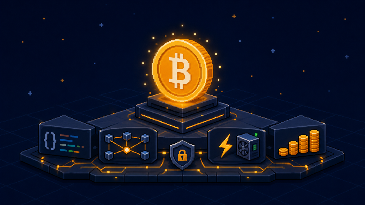 Pixel-style Bitcoin coin standing on a layered foundation of code, network, energy, security, and scarcity blocks.