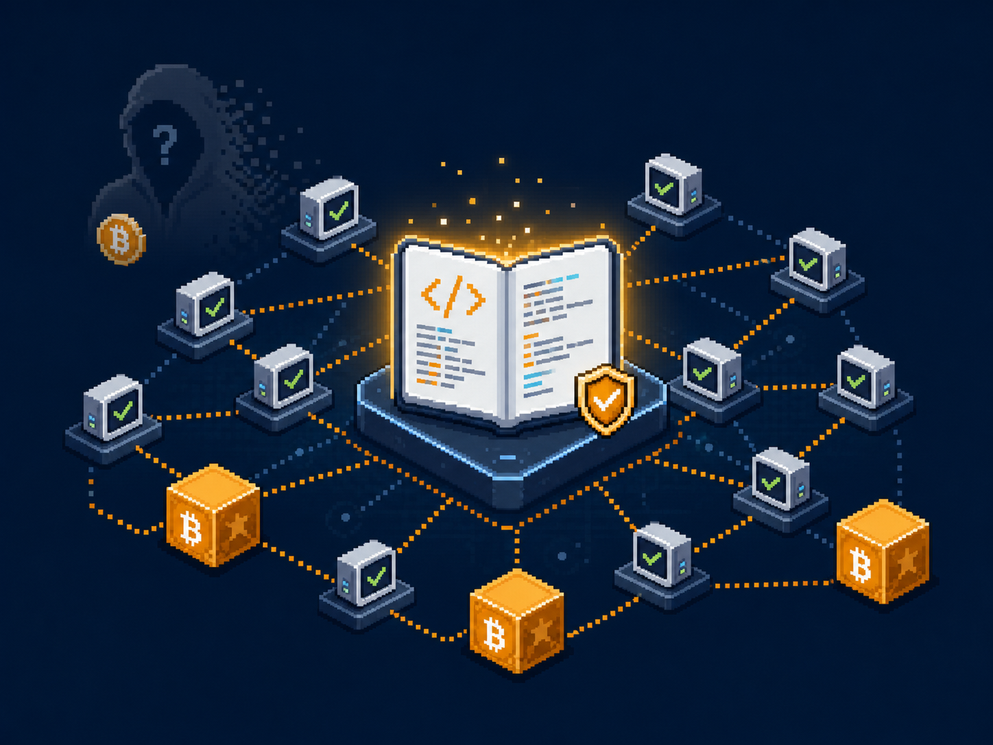 Pixel art open-source rulebook connected to Bitcoin nodes, showing trust without knowing the founder.