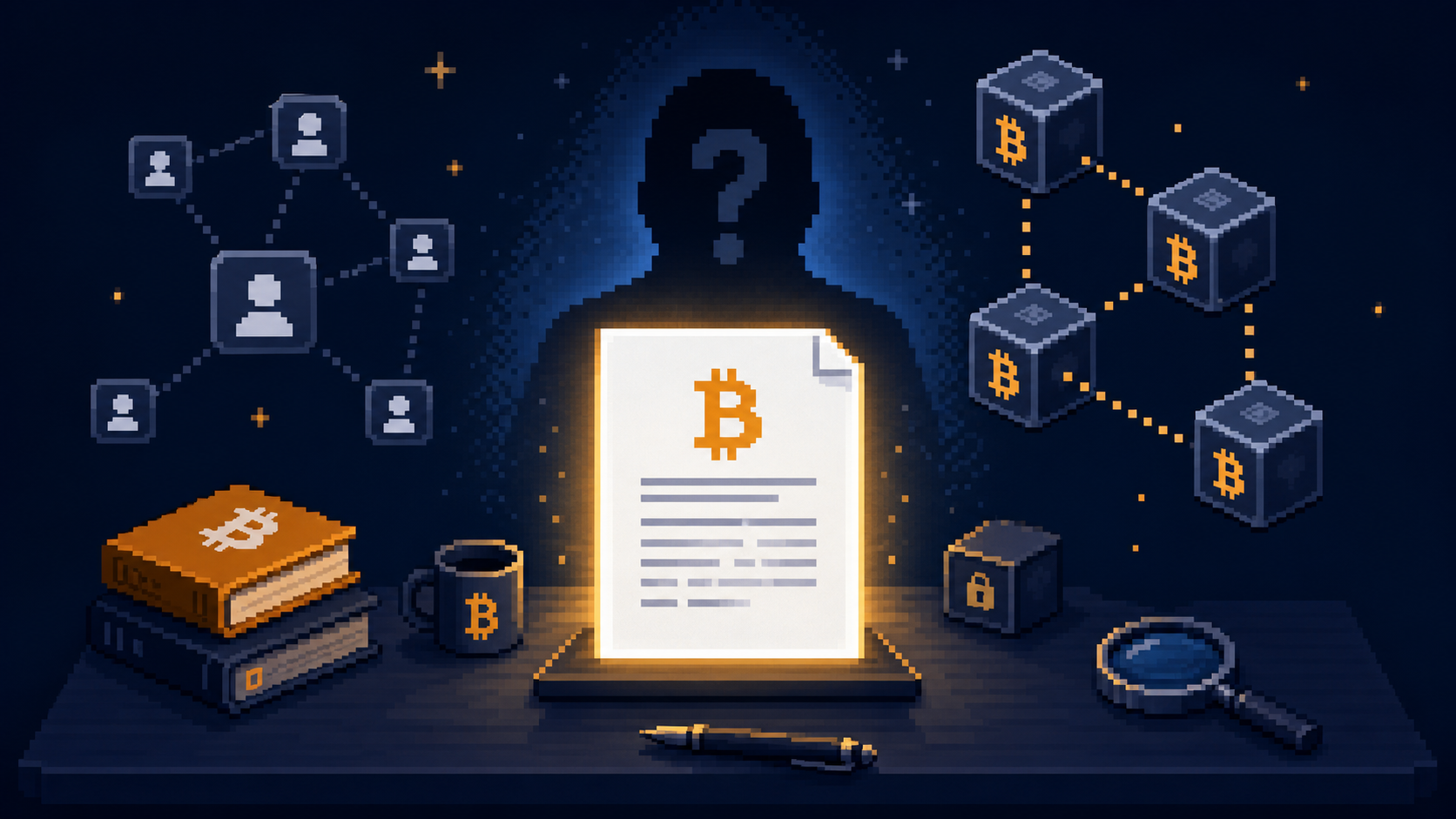 Pixel art whitepaper, Bitcoin blocks, and an anonymous silhouette representing Satoshi Nakamoto.