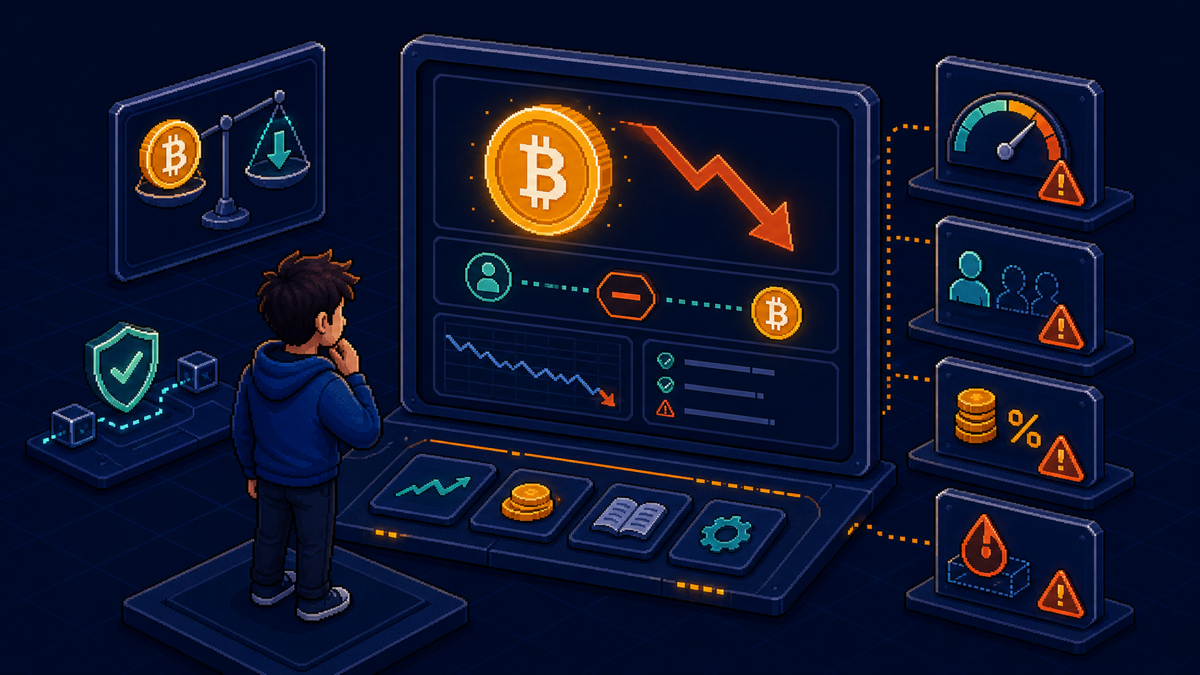 Pixel art beginner looking at a Bitcoin shorting dashboard with warning indicators for leverage, margin, fees, and product rules.