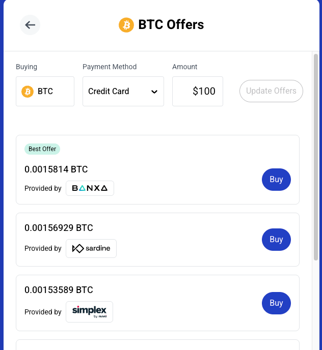 BitPay BTC offers for a 100 USD credit card quote