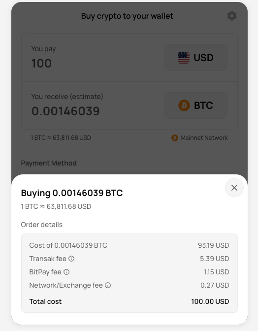 Transak order details showing BTC value and fees for a 100 USD card quote