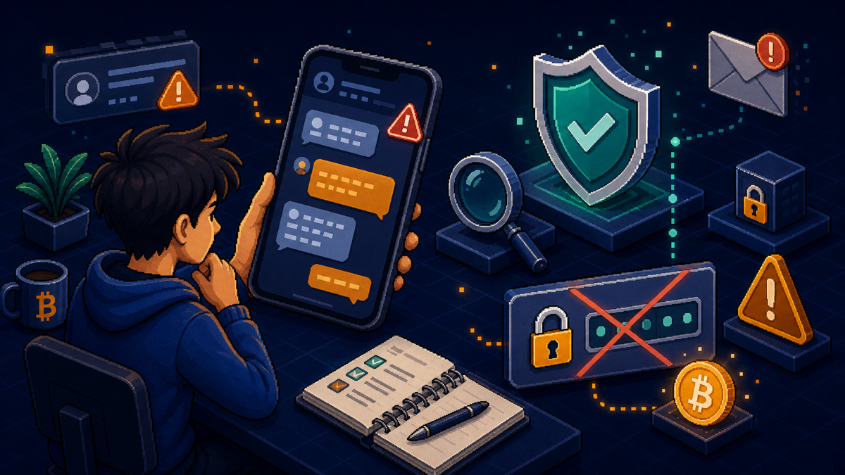 Beginner checking a Coinbase text scam warning before buying Bitcoin