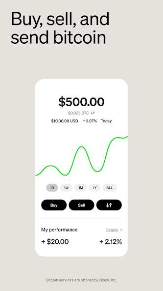 Official Cash App Google Play screenshot showing the Bitcoin screen with Buy, Sell, and send controls.