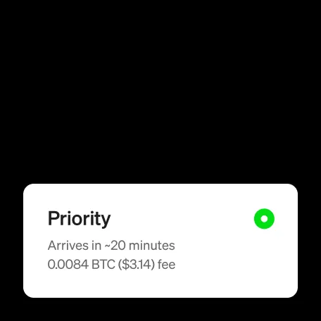 Official Cash App Bitcoin page image showing a priority transfer option with an example fee.