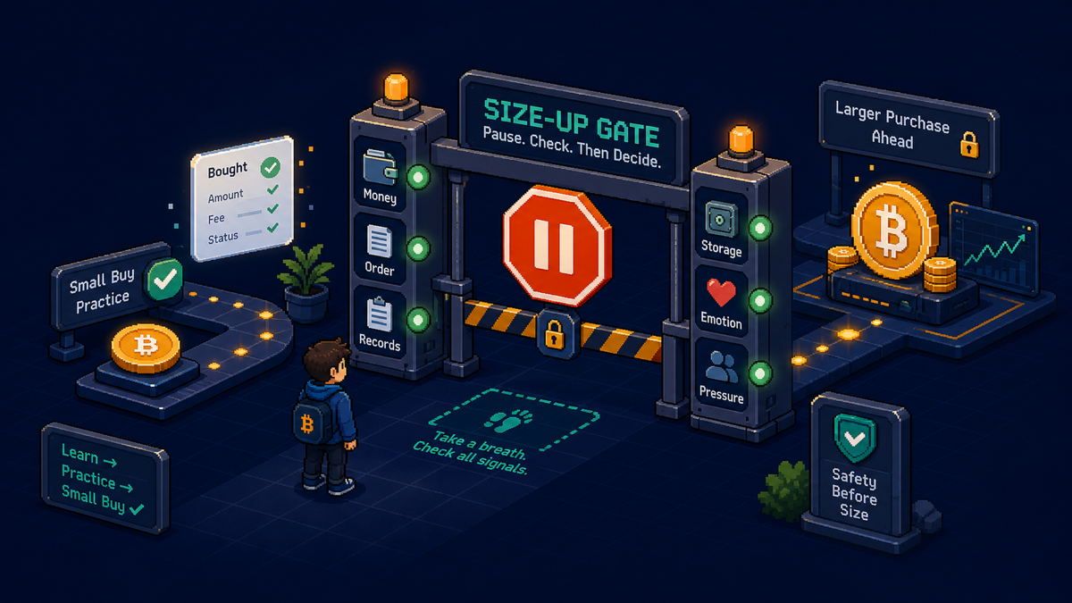 Pixel-art beginner standing before a size-up gate with pause signals before increasing a Bitcoin purchase.