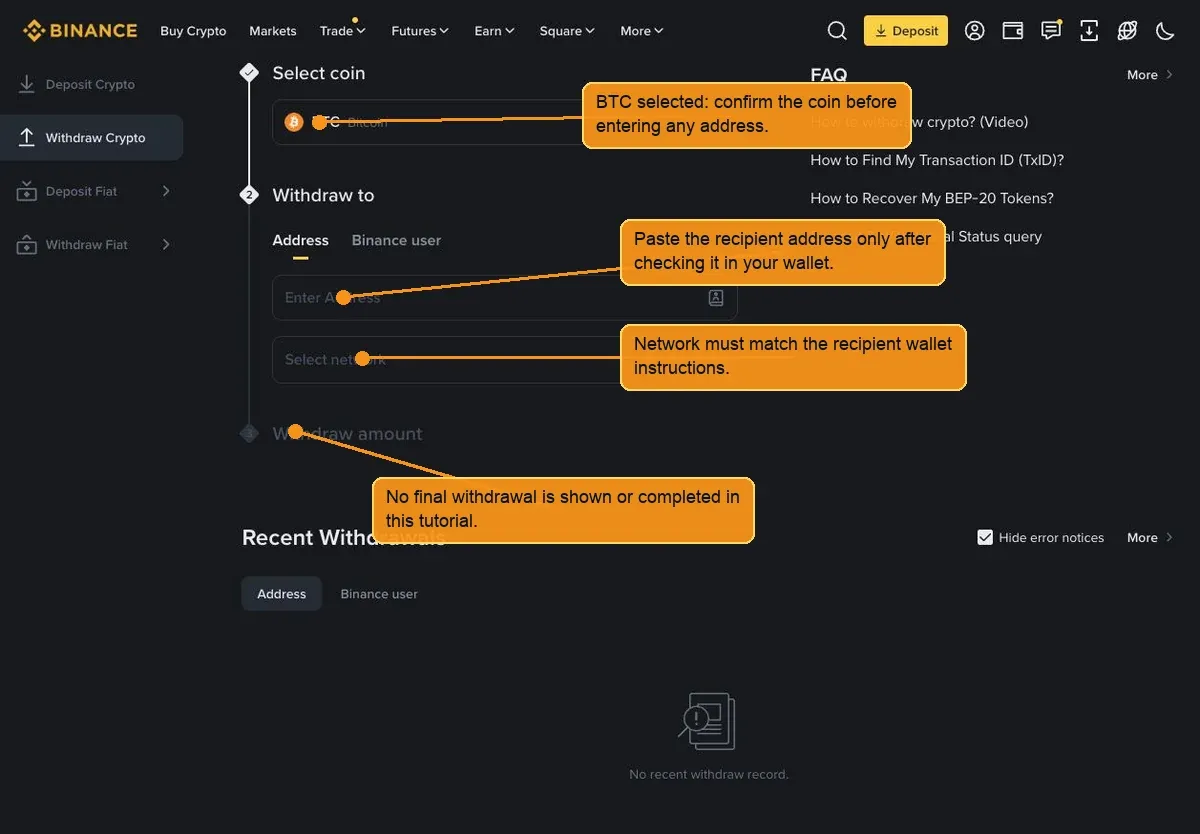 Annotated Binance BTC withdrawal screen showing coin selection, address field, network selection, and confirmation boundary.