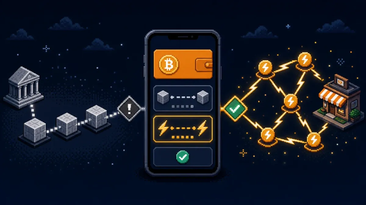 Pixel art Bitcoin Lightning wallet with an on-chain path and Lightning invoice path.