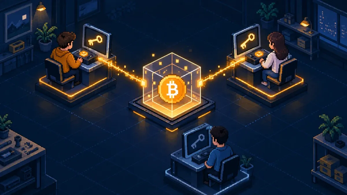 Pixel art showing three separated Bitcoin signing stations with two keys approving a shared vault.