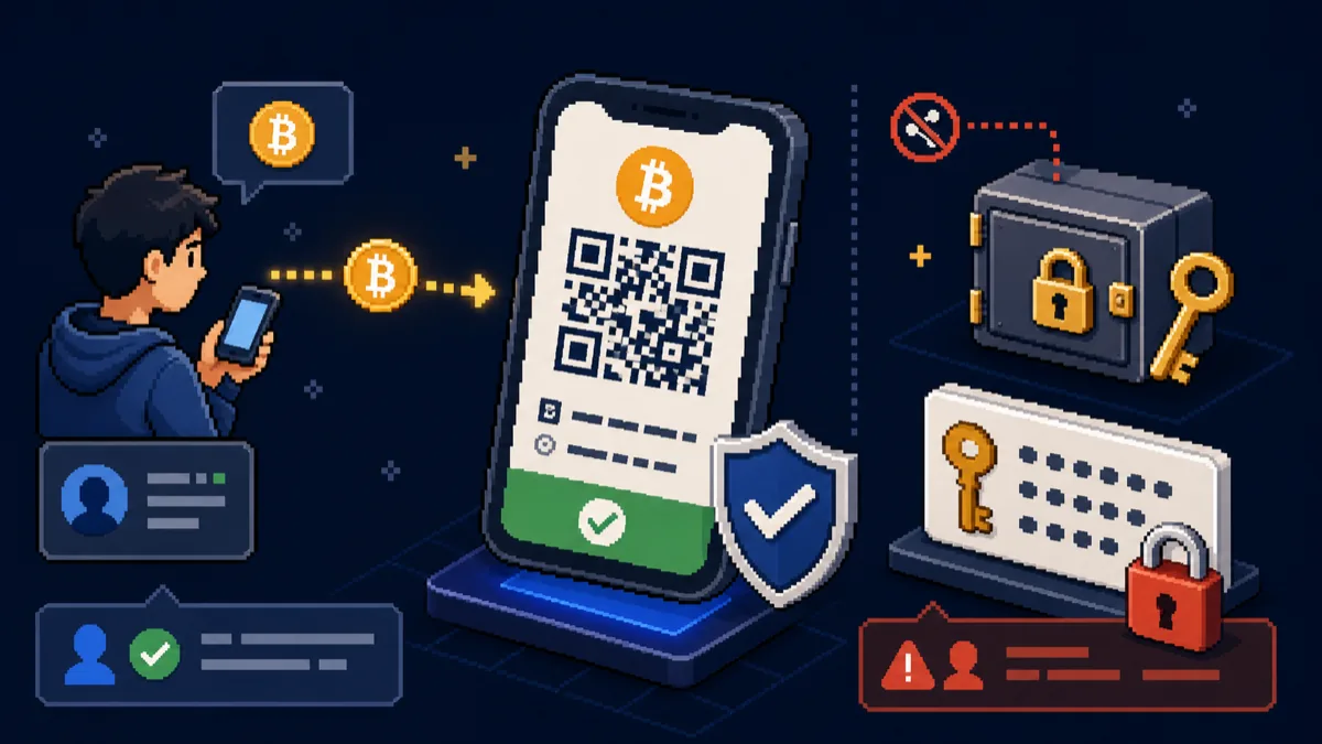 Pixel art wallet screen showing a Bitcoin receive address and QR code.