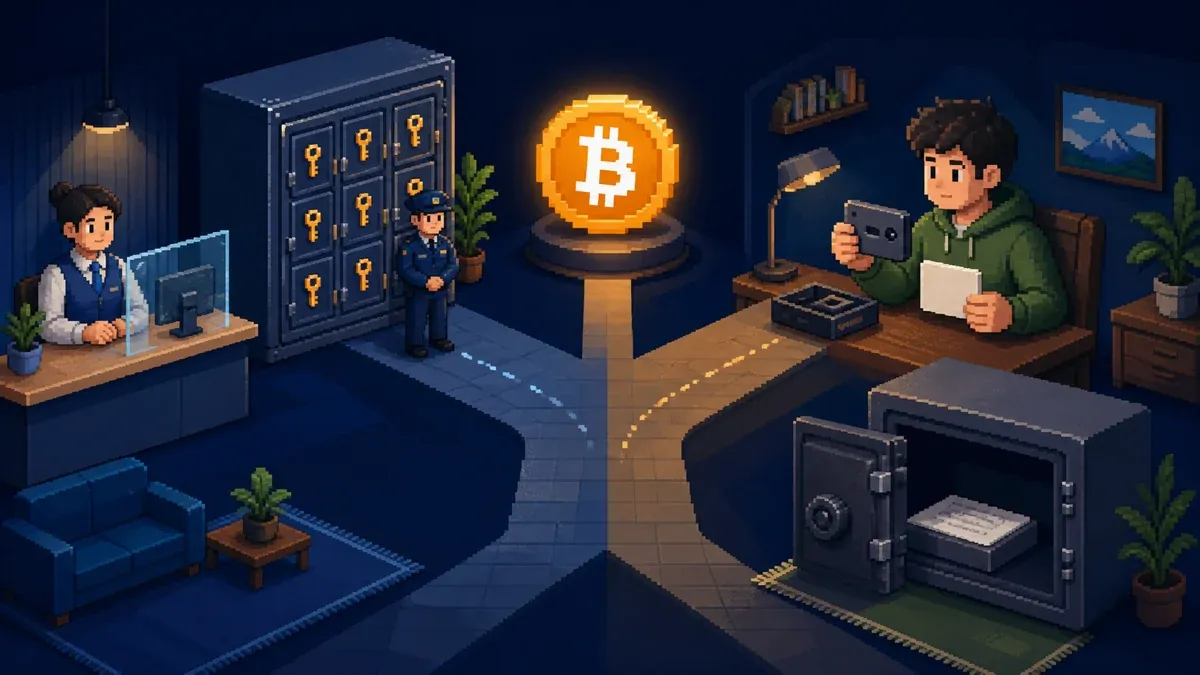 Pixel art showing a provider-managed account path and a self-custody Bitcoin wallet path.