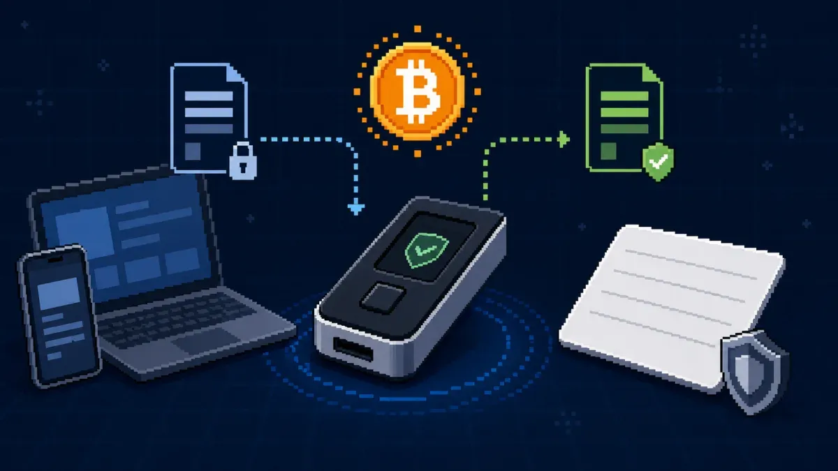 Pixel art hardware wallet signing a Bitcoin transaction beside a backup card.