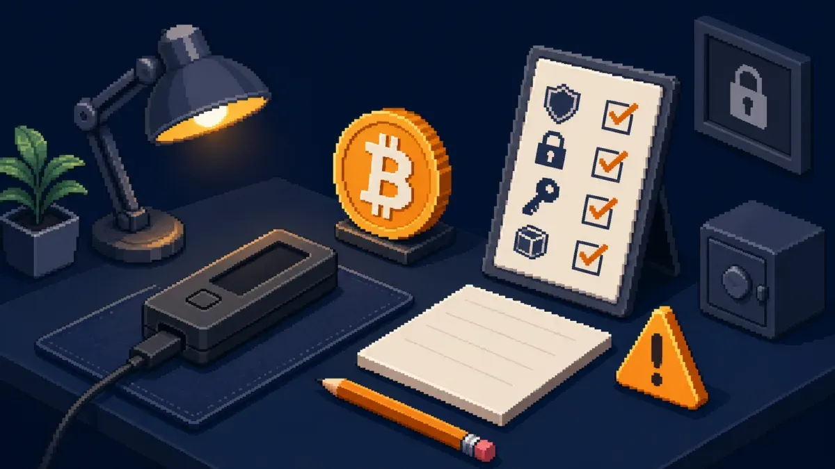Pixel art hardware wallet setup desk with a blank backup card and checklist.