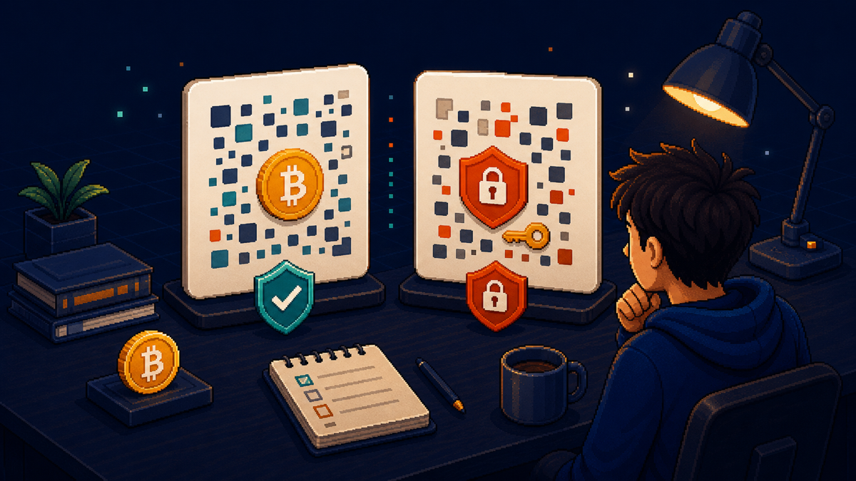 Beginner comparing a Bitcoin address QR code with a private key QR code