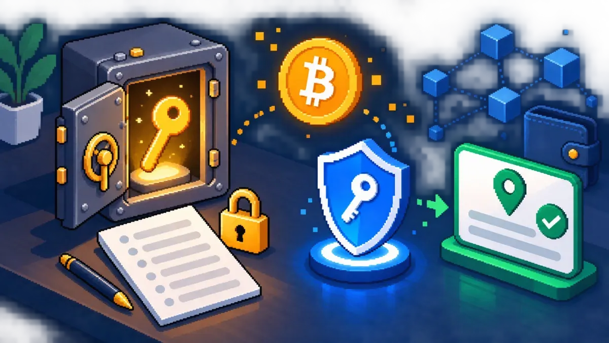 Pixel art showing protected wallet secrets and a shareable Bitcoin address card.