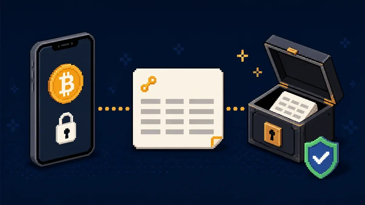 Pixel art wallet, blank recovery phrase card, and offline backup box.