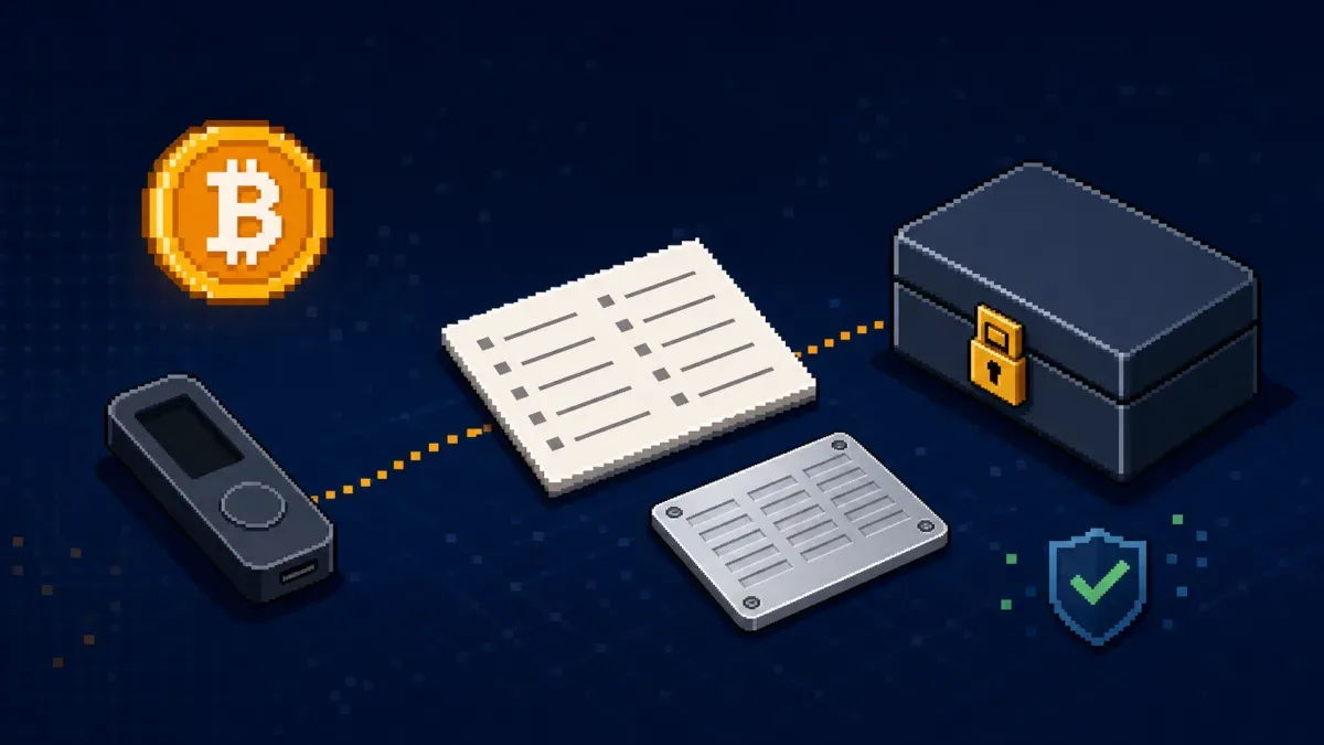Pixel art seed phrase backup stored offline with paper, metal, and a lockbox.